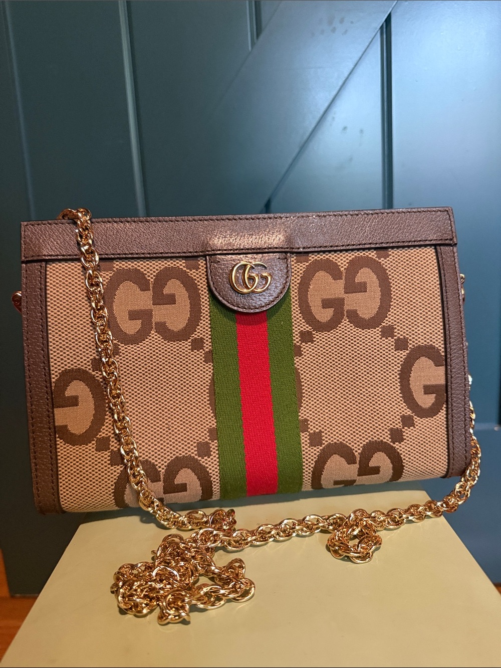 Gucci Beige GG Supreme Canvas Crossbody with Green & Red Web